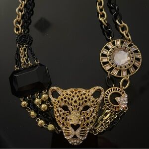 Elegant bebe Leopard Charm Statement Necklace Gold Black Crystal 18" Cable Chain